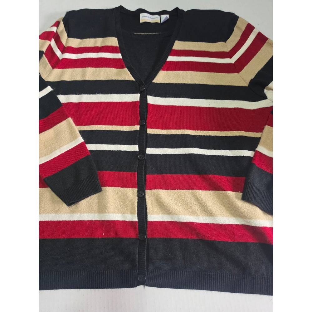 Alfred Dunner Woman Red Black Tan Striped Button Front V-Neck Cardigan Size 2X